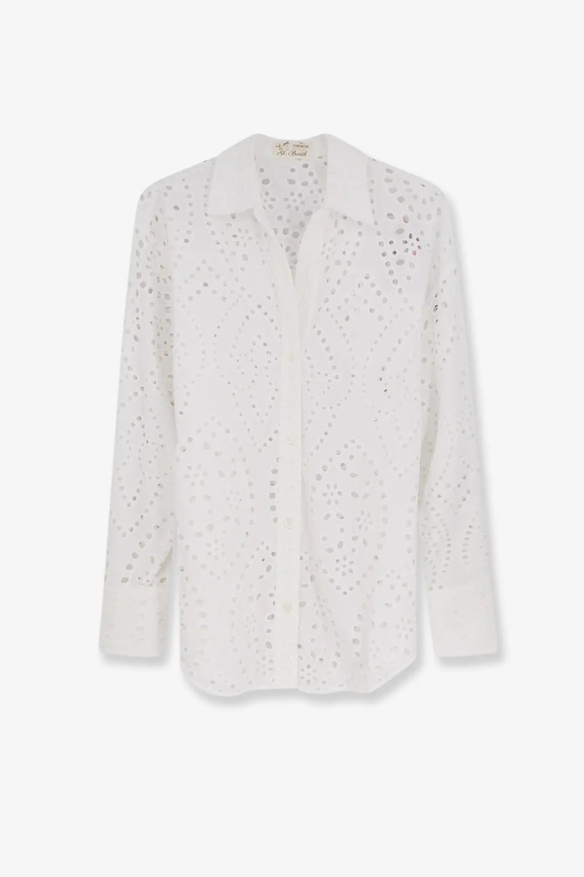White eyelet blouse by mc2 saint barth with classic collar long sleeves and intricate broderie anglaise embroidery