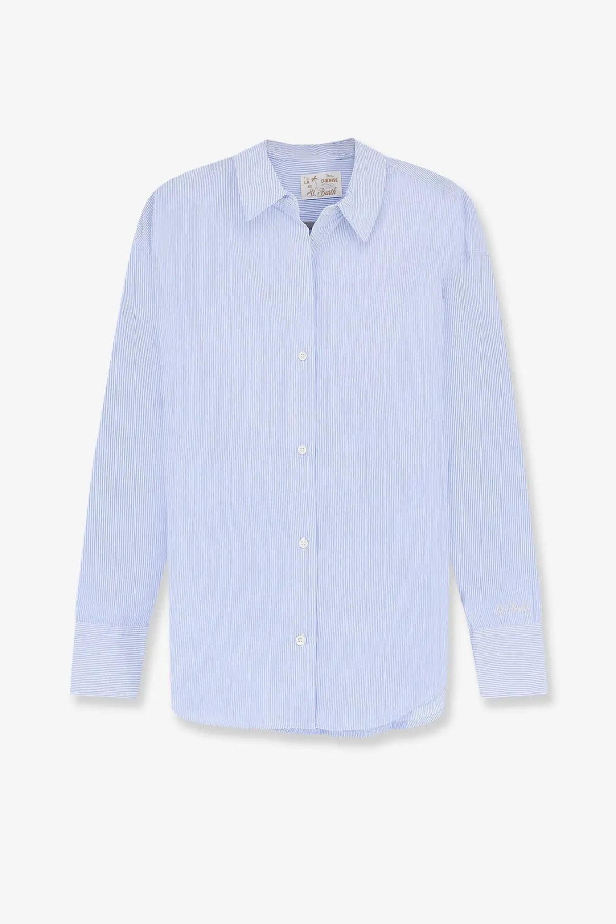 Mc2 Saint Barth women’s cristal cotton shirt in light blue and white vertical stripes with classic collar and buttons