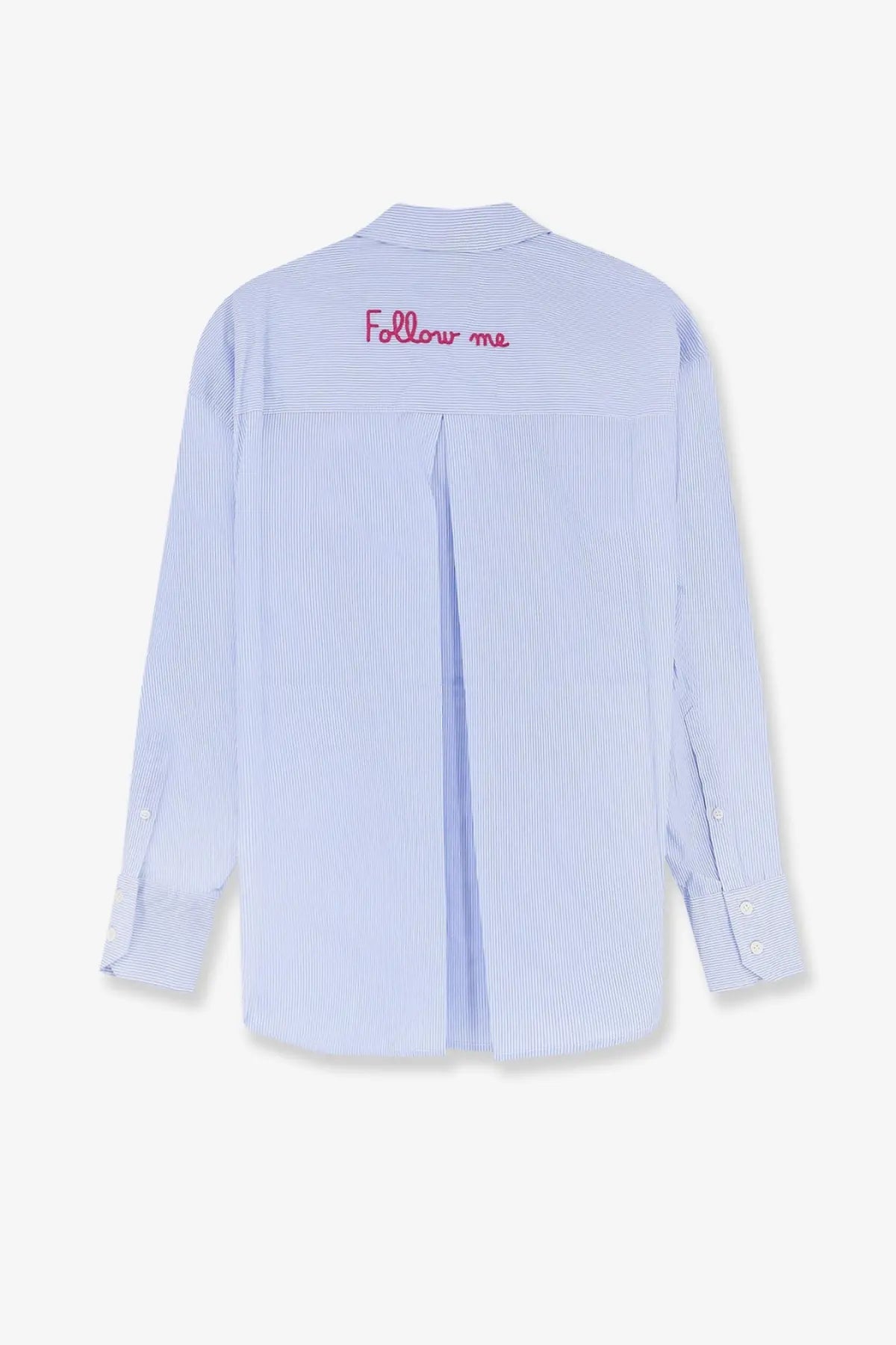 Back side of mc2 saint barth women’s cristal cotton shirt in light blue and white stripes with pink follow me embroidery