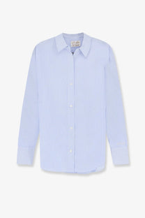 A light blue and white vertically striped long-sleeved cotton shirt with classic collar by mc2 saint barth