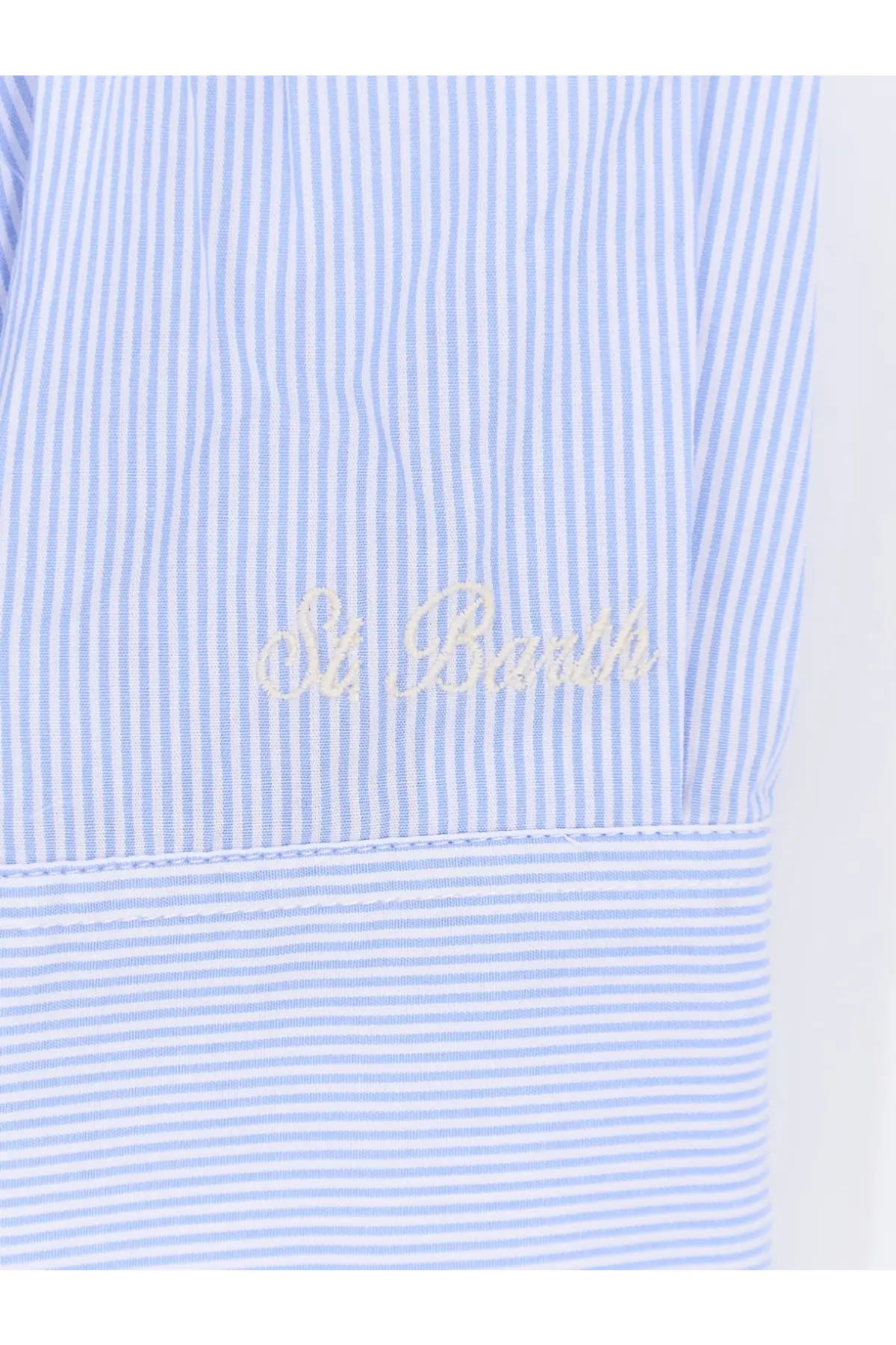 Light blue and white striped cotton shirt cuff with st detail on Mc2 Saint Barth women’s Cristal cotton shirt blue