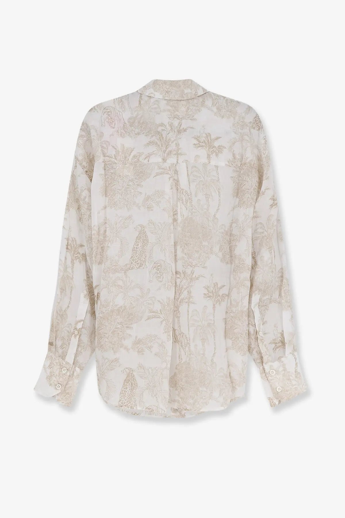 Mc2 Saint Barth women’s Cristal ramie shirt in soft cream with intricate gold botanical and animal print long sleeves