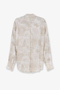 Mc2 Saint Barth women’s Cristal ramie shirt in soft cream with intricate gold botanical and animal print long sleeves