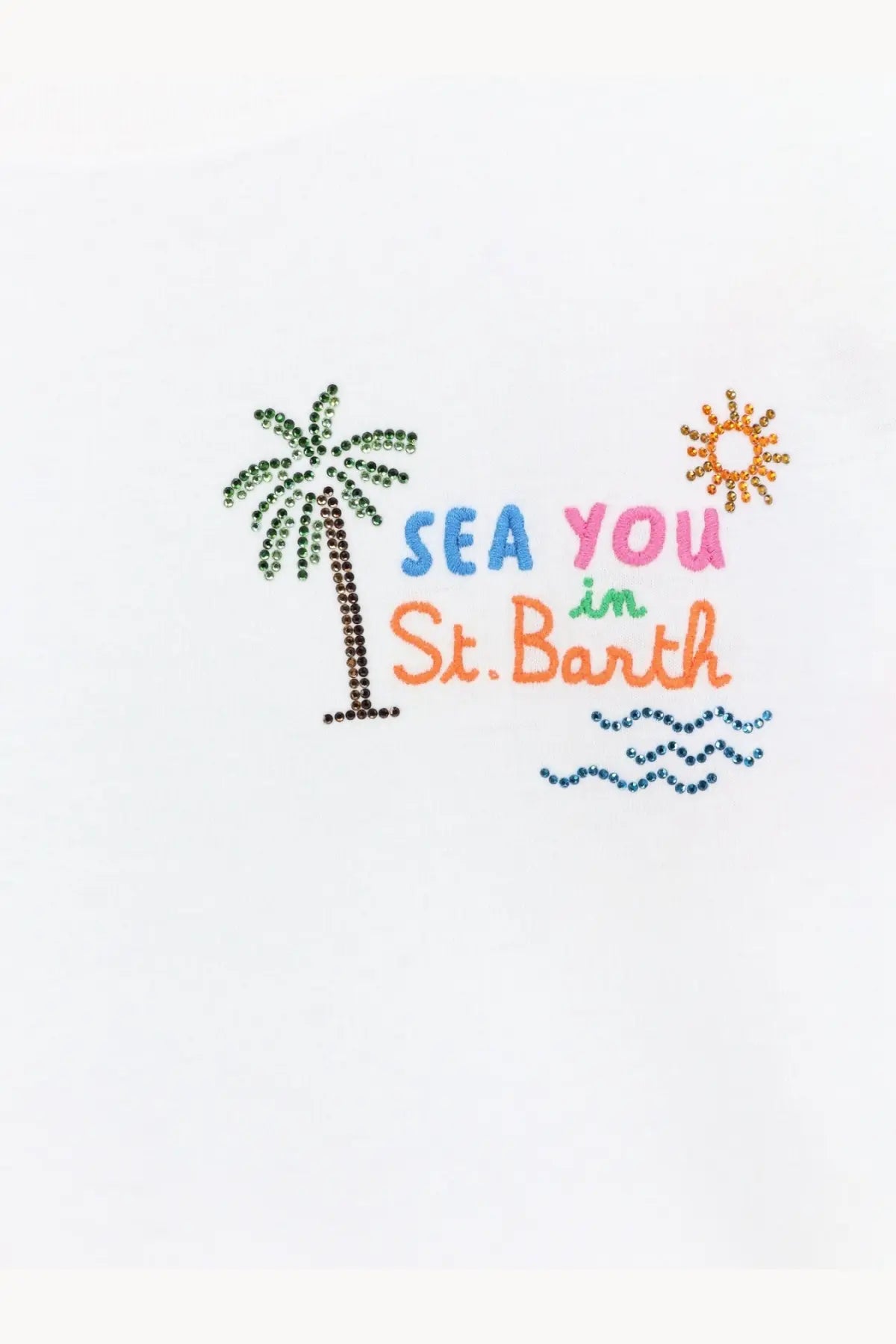 Mc2 saint barth women’s emilie white cotton shirt with colorful rhinestone palm tree sun ocean waves design sea you in st