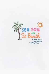 Mc2 saint barth women’s emilie white cotton shirt with colorful rhinestone palm tree sun ocean waves design sea you in st
