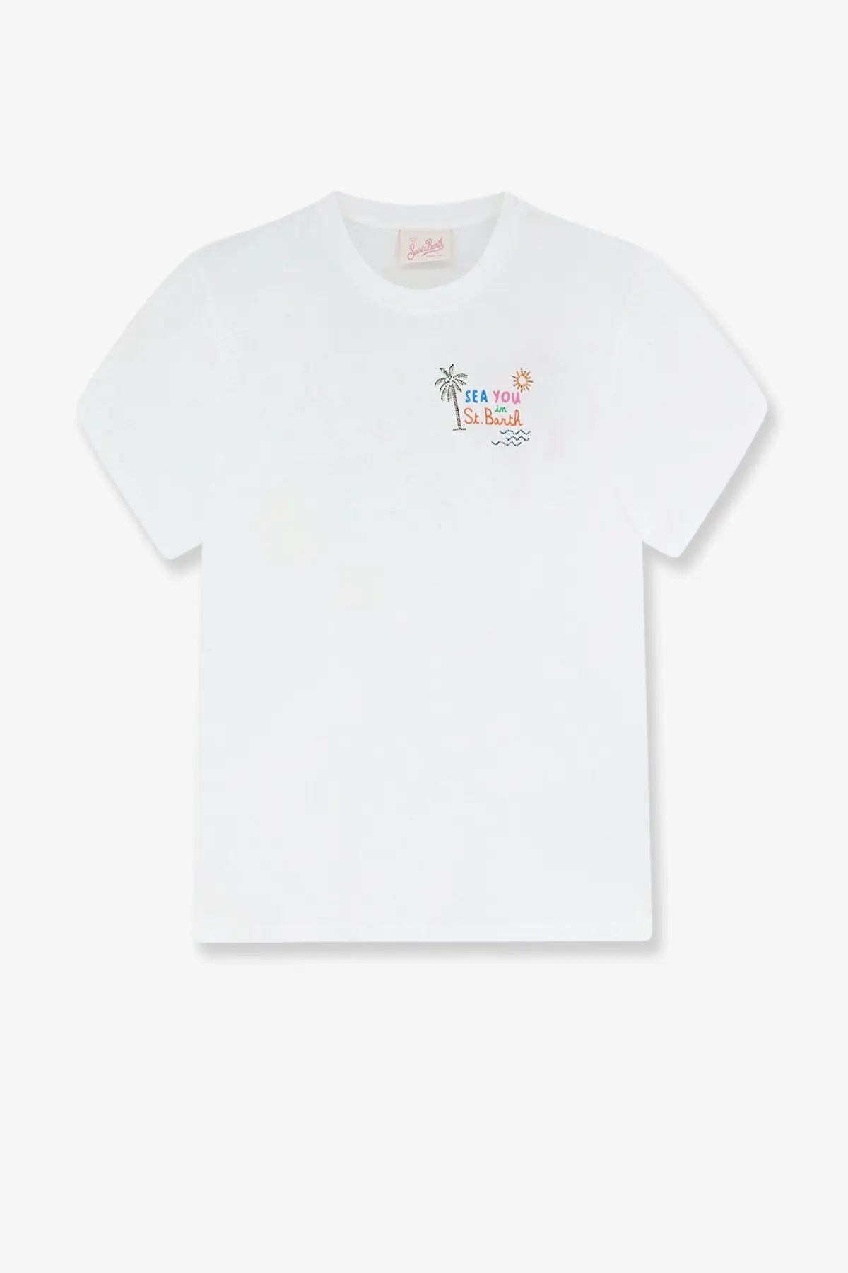 White cotton t-shirt with colorful embroidered sea you in st design from mc2 saint barth womens emilie cotton shirt white