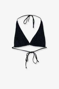 Black sparkly knit halter top bikini top with adjustable ties from Mc2 Saint Barth womens Guiana Crinkle Lurex collection