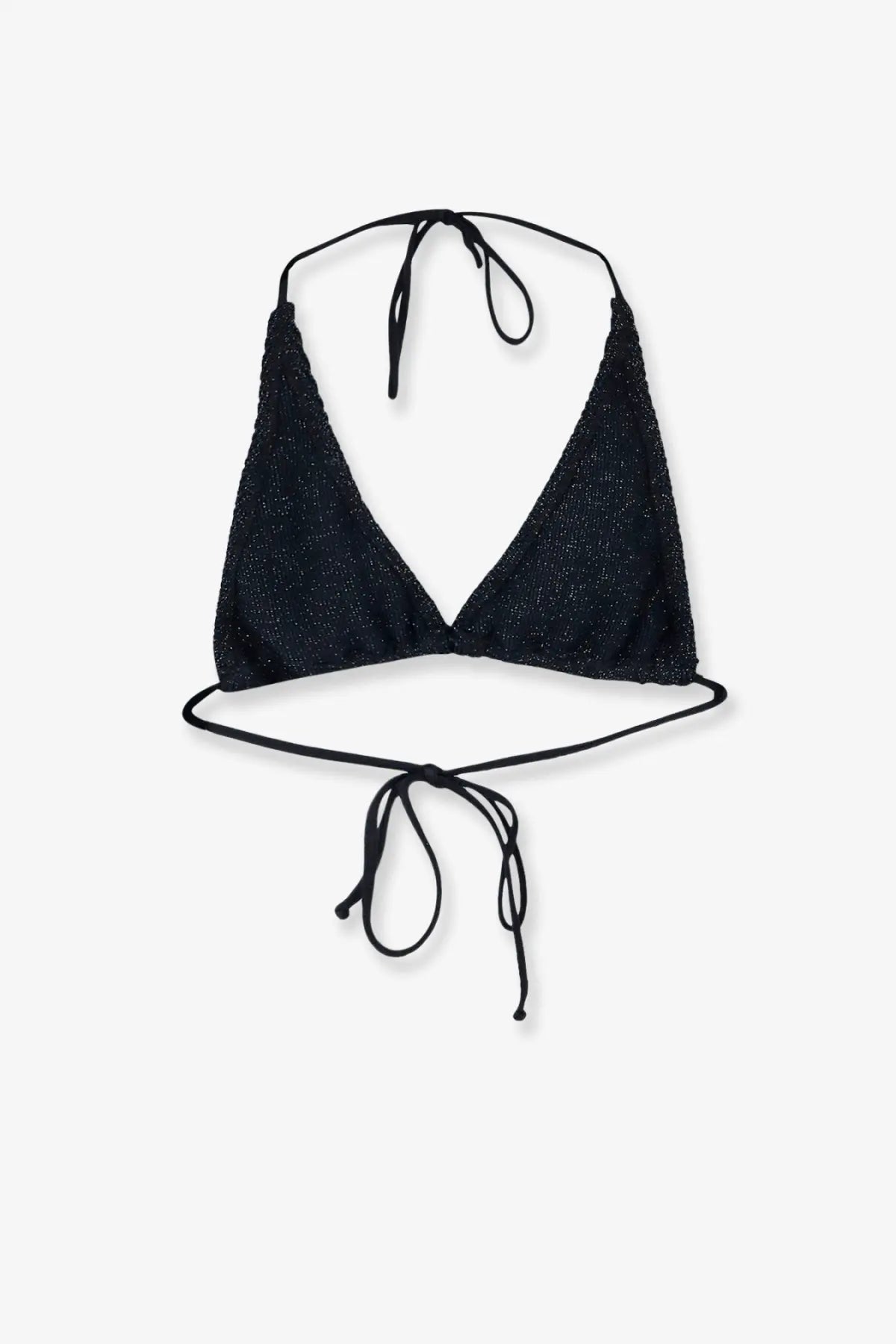 Mc2 Saint Barth women’s blue crinkle lurex bikini top with black sparkly halter and adjustable ties