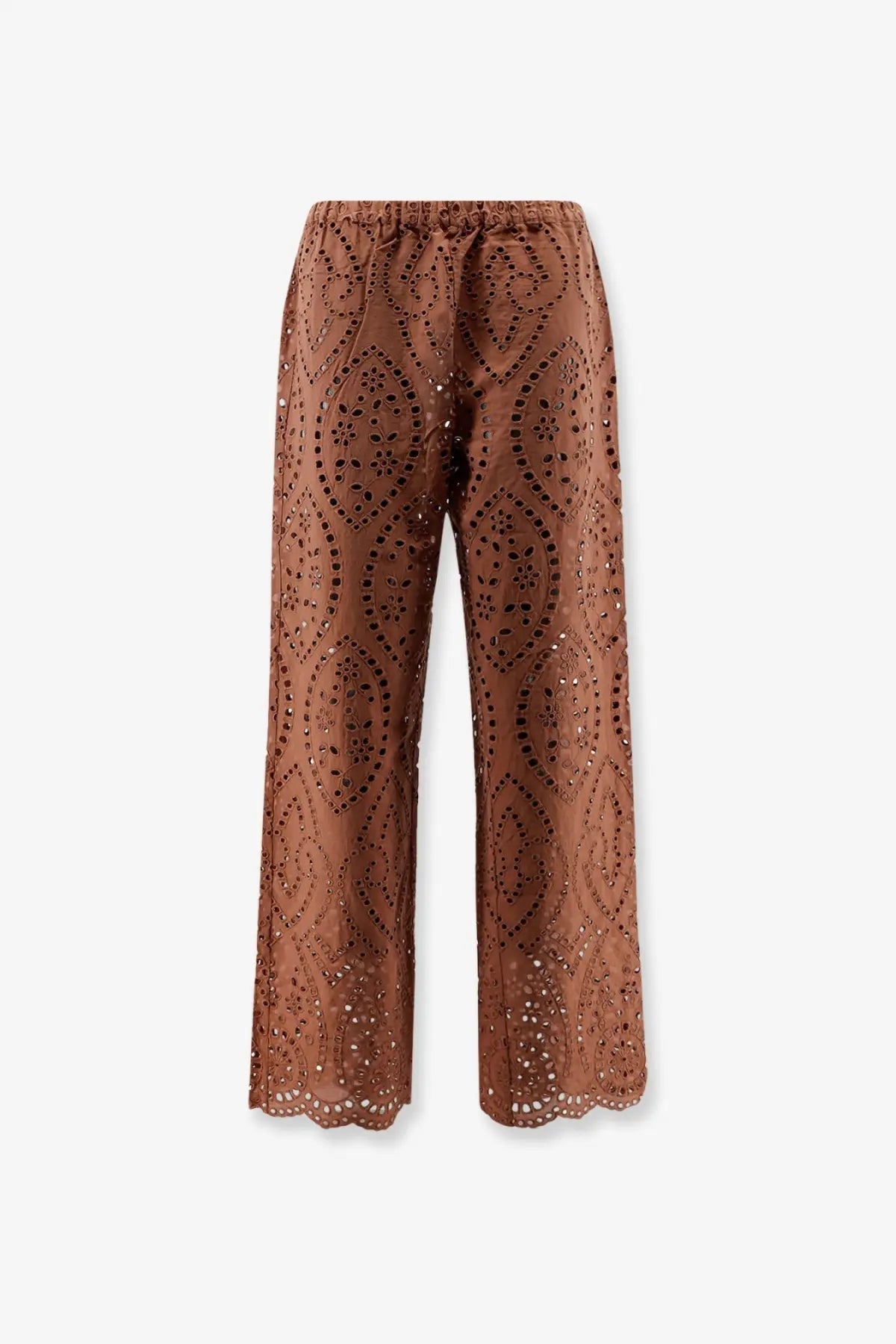 Brown embroidered wide-leg cotton pants with scalloped hem and elastic waistband from mc2 saint barth women