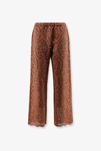 Brown embroidered wide-leg cotton pants with scalloped hem and elastic waistband from mc2 saint barth women