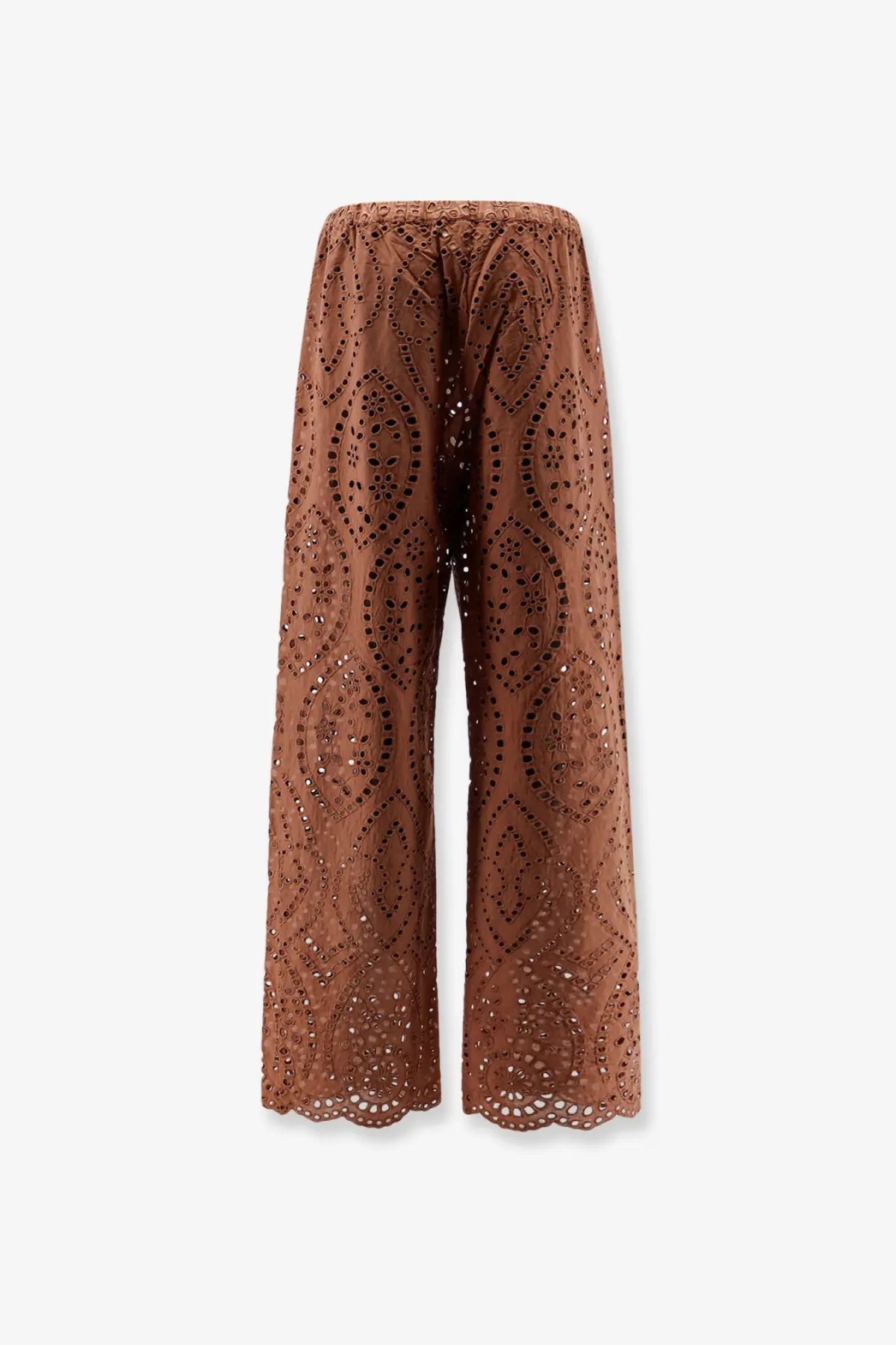 Brown embroidered wide-leg trousers with scalloped hem and elastic waistband in Mc2 Saint Barth womens lace design