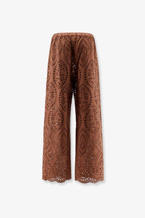 Brown embroidered wide-leg trousers with scalloped hem and elastic waistband in Mc2 Saint Barth womens lace design