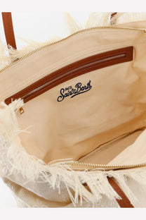 Beige canvas tote bag with white fringe and brown leather trim by Mc2 Saint Barth for women shoulder bag use