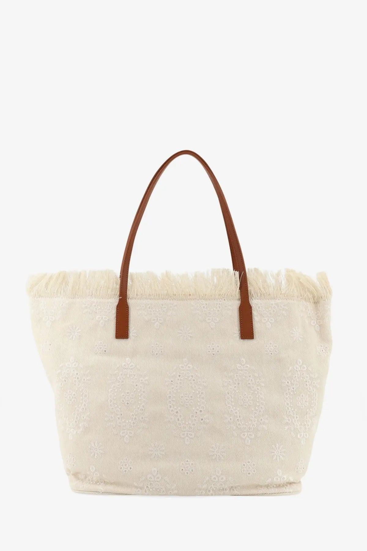 Mc2 Saint Barth women’s le city bag cream canvas tote with white embroidered flowers and brown leather handles