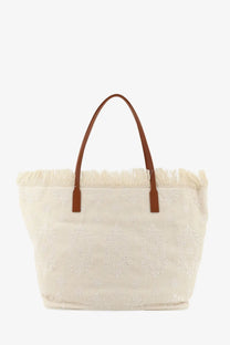 Mc2 Saint Barth women’s le city bag cream canvas tote with white embroidered flowers and brown leather handles
