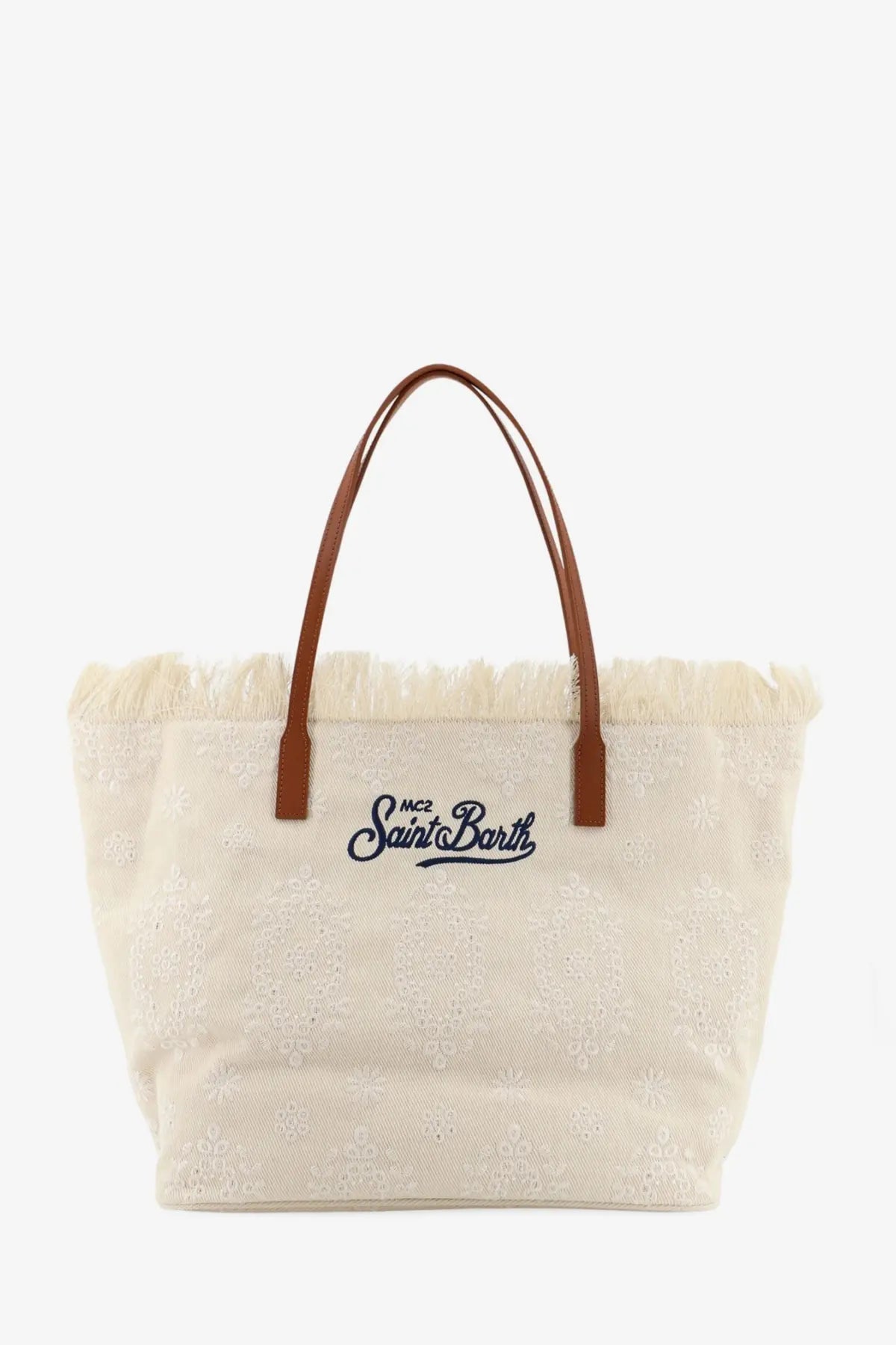 Cream canvas Mc2 saint barth women’s le city shoulder bag with brown leather handles and embroidered navy logo