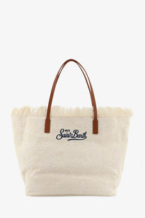 Cream canvas Mc2 saint barth women’s le city shoulder bag with brown leather handles and embroidered navy logo