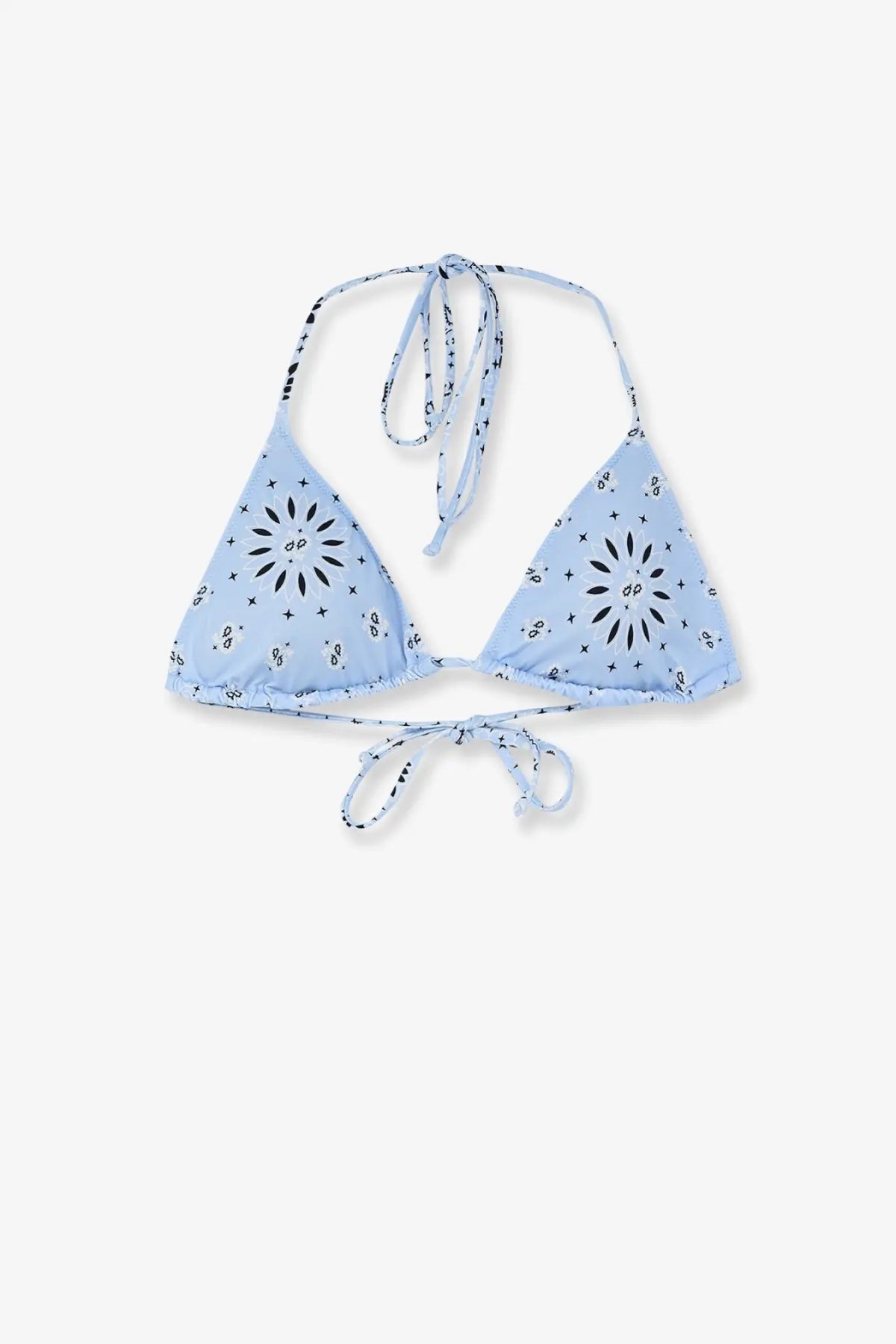 Mc2 Saint Barth women’s Leah bikini top bandannaround in light blue with black floral star patterns and adjustable ties