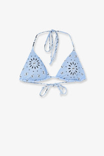 Mc2 Saint Barth women’s Leah bikini top bandannaround in light blue with black floral star patterns and adjustable ties