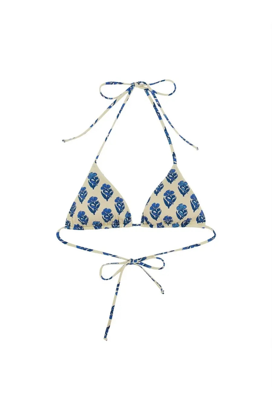 Mc2 Saint Barth women’s Leah bikini top in beige and blue floral print with triangle shape and adjustable halter ties