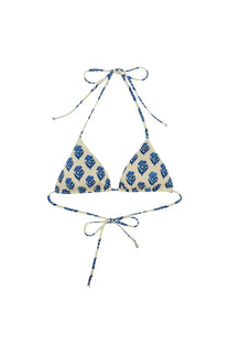 Mc2 Saint Barth women’s Leah bikini top in beige and blue floral print with triangle shape and adjustable halter ties