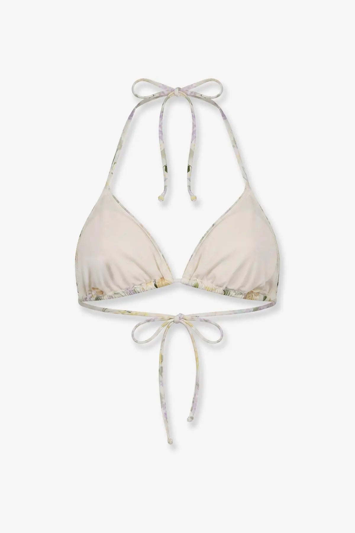 Beige floral halter top bikini with adjustable ties and ruffled trim from Mc2 Saint Barth women’s Leah bikini top yellow