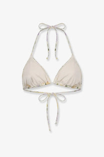 Beige floral halter top bikini with adjustable ties and ruffled trim from Mc2 Saint Barth women’s Leah bikini top yellow