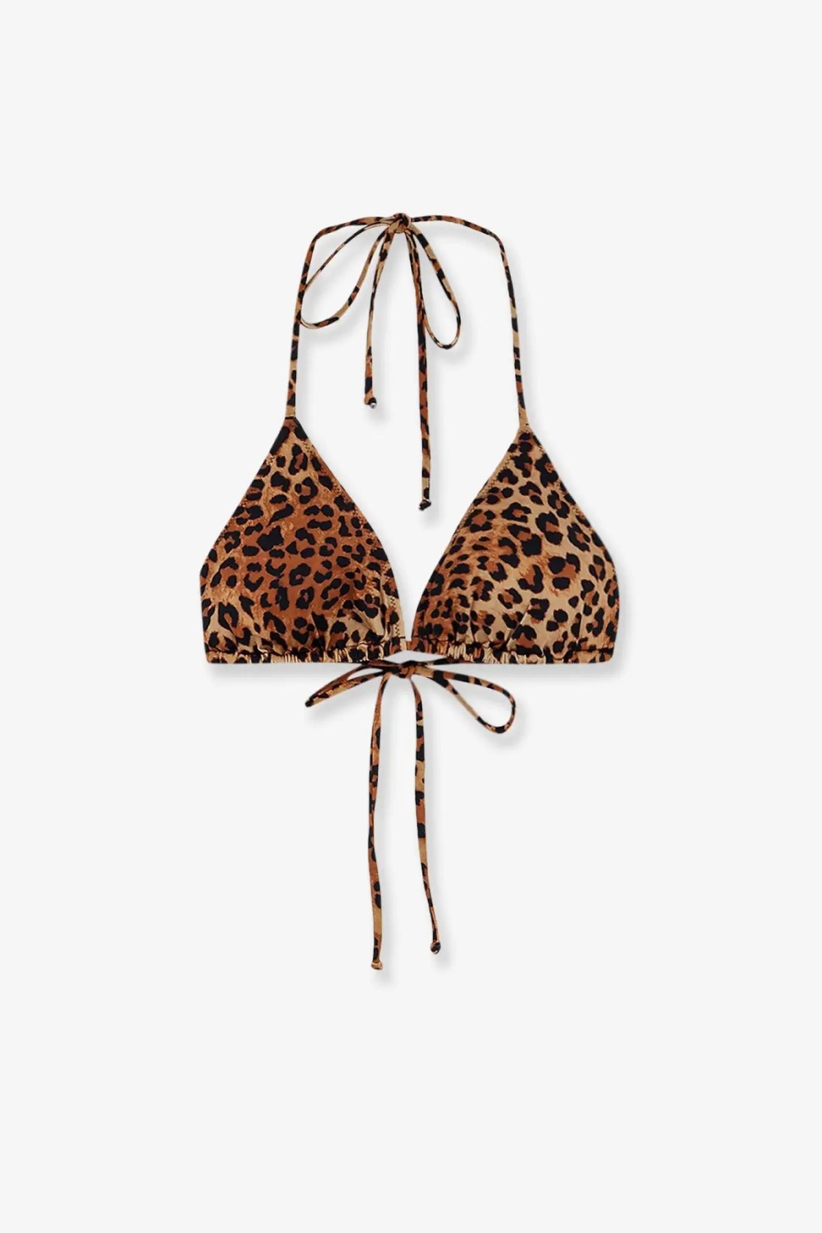 Mc2 Saint Barth women’s Leah nylon bikini top in beige leopard print with adjustable ties and tie-front closure