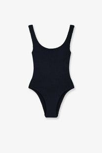 Black ribbed one-piece swimsuit with wide shoulder straps and scoop neckline by mc2 saint barth women’s lora crinkle