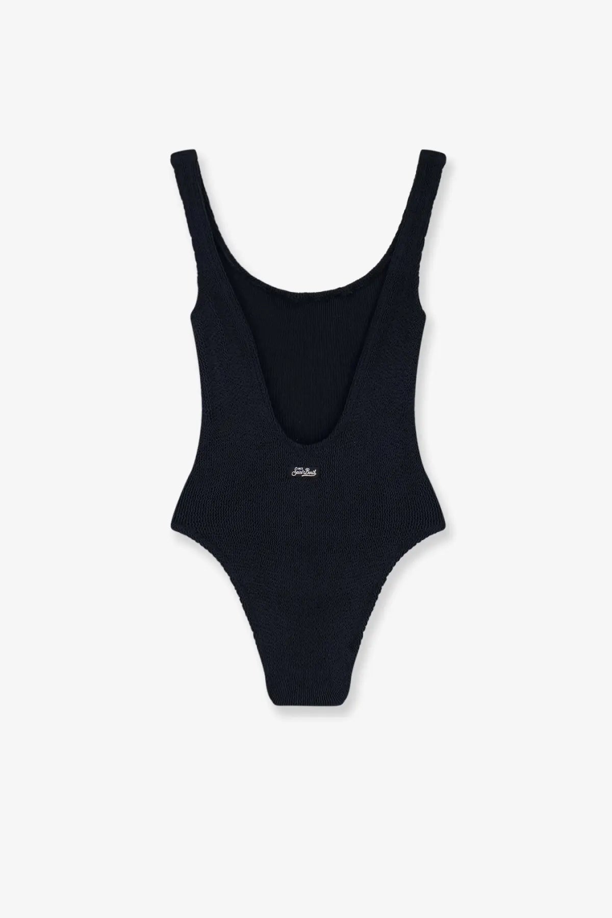 Black ribbed knit one-piece swimsuit with deep scoop neckline and thin straps for women by mc2 saint barth