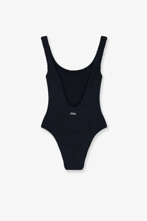 Black ribbed knit one-piece swimsuit with deep scoop neckline and thin straps for women by mc2 saint barth