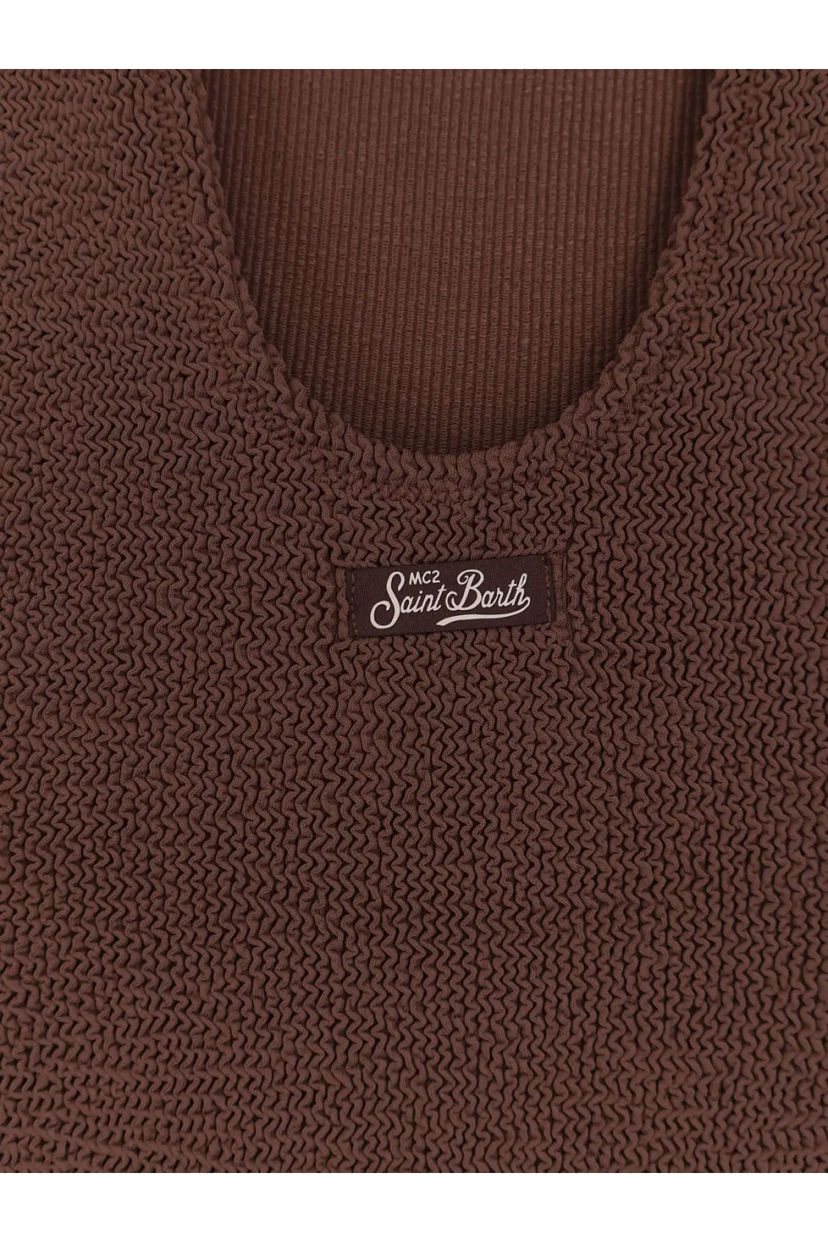 Brown knitted sleeveless top with ribbed neckline and black mcc saint barth label for women