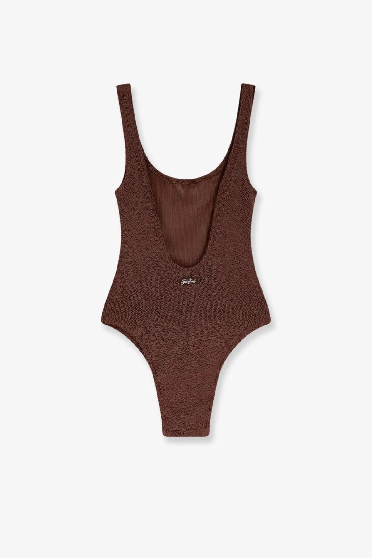 Brown ribbed nylon one-piece swimsuit with thin straps and deep back cutout from Mc2 Saint Barth women’s collection