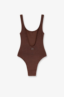 Brown ribbed nylon one-piece swimsuit with thin straps and deep back cutout from Mc2 Saint Barth women’s collection