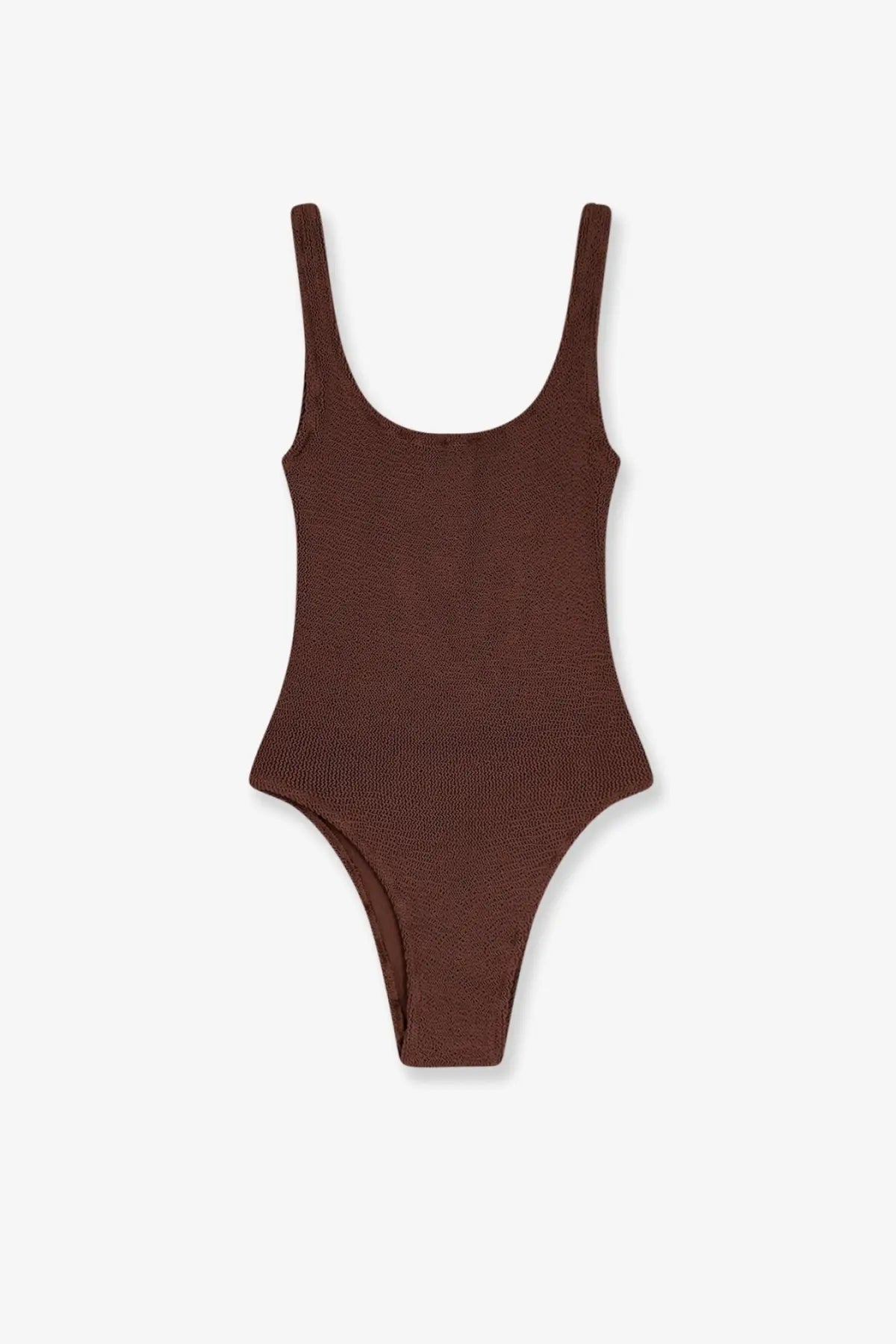A sleek ribbed brown one-piece swimsuit with thin straps and a flattering cut by Mc2 Saint Barth