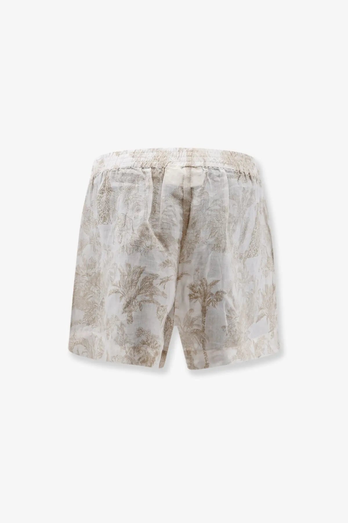 Mc2 Saint Barth women’s maeve ramie shorts in beige with subtle palm tree pattern and elastic waistband