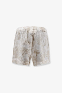 Mc2 saint barth women’s maeve ramie shorts blue beige with elastic waistband and subtle taupe palm tree pattern
