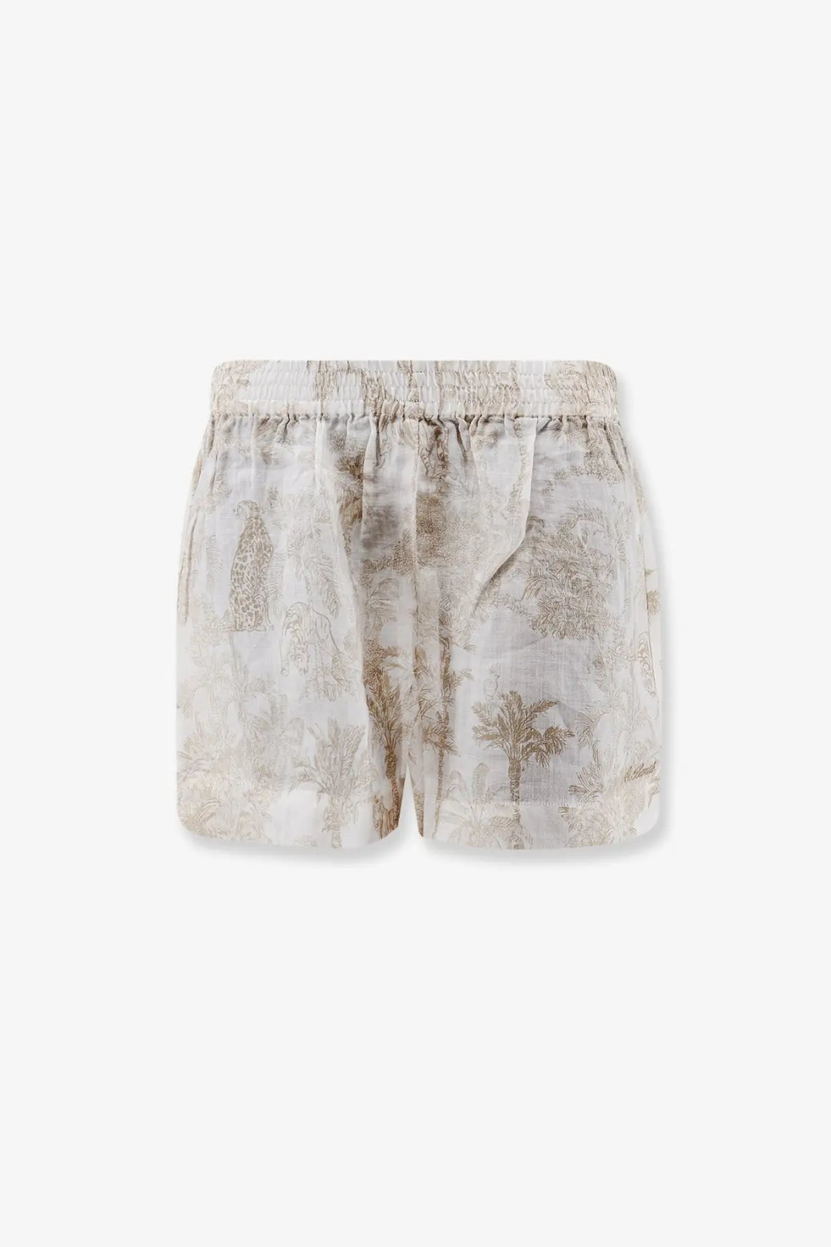 Mc2 Saint Barth women’s maeve ramie shorts in beige with a vintage-style palm tree and giraffe print in muted brown tones