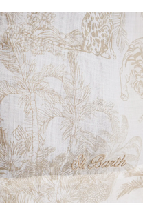 A delicate off-white ramie scarf with subtle beige jungle print and palm trees embroidered with st for women