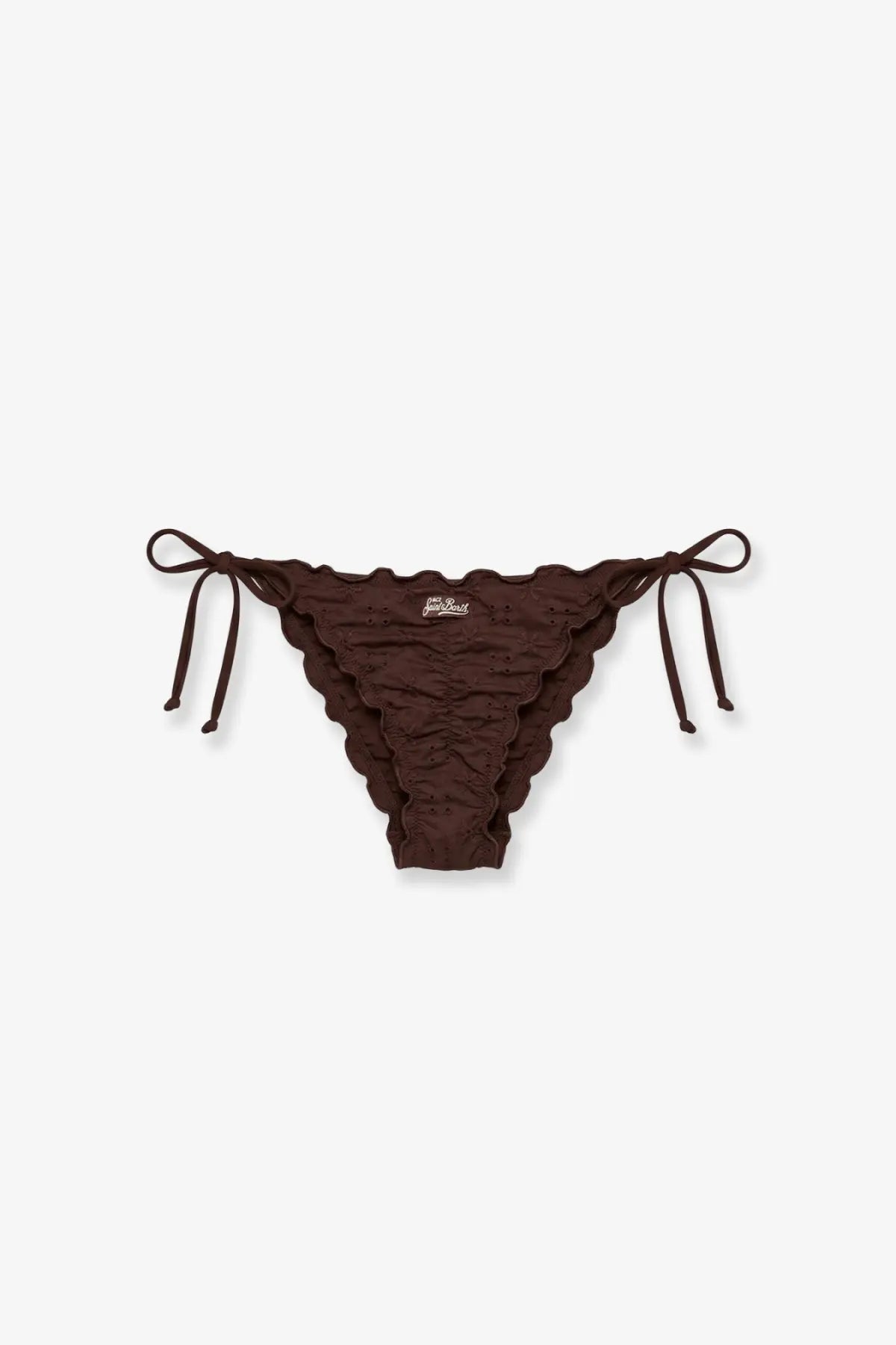 Chocolate brown scalloped bikini bottom with delicate eyelet detailing and tied side ties from Mc2 Saint Barth Women’s Miami Briefs Sangallo