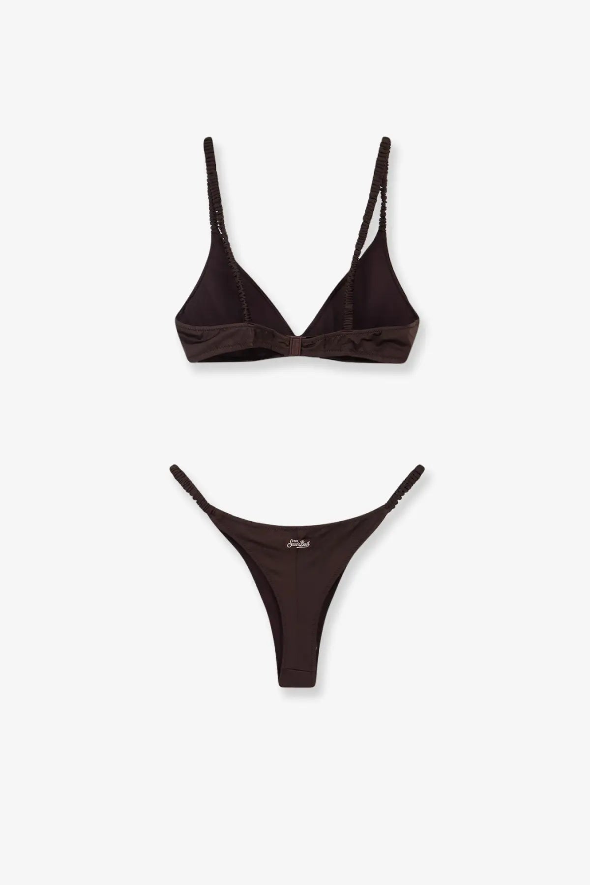 Black satin moana nylon bikini set by mc2 saint barth with braided straps and minimalist logo on thong back view