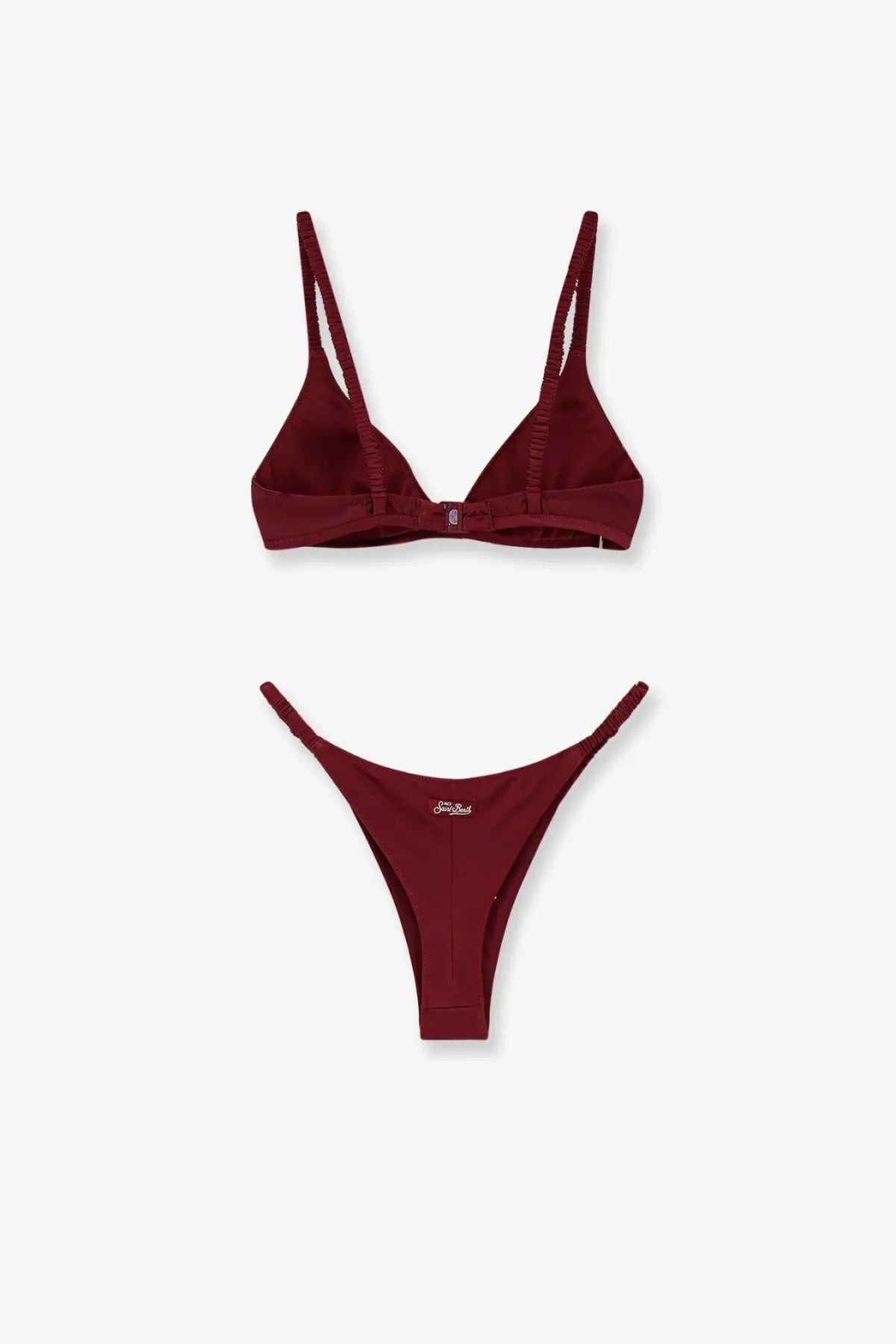 Mc2 Saint Barth women’s Moana nylon bikini red with sleek burgundy triangle top and high-cut bottoms with side ties