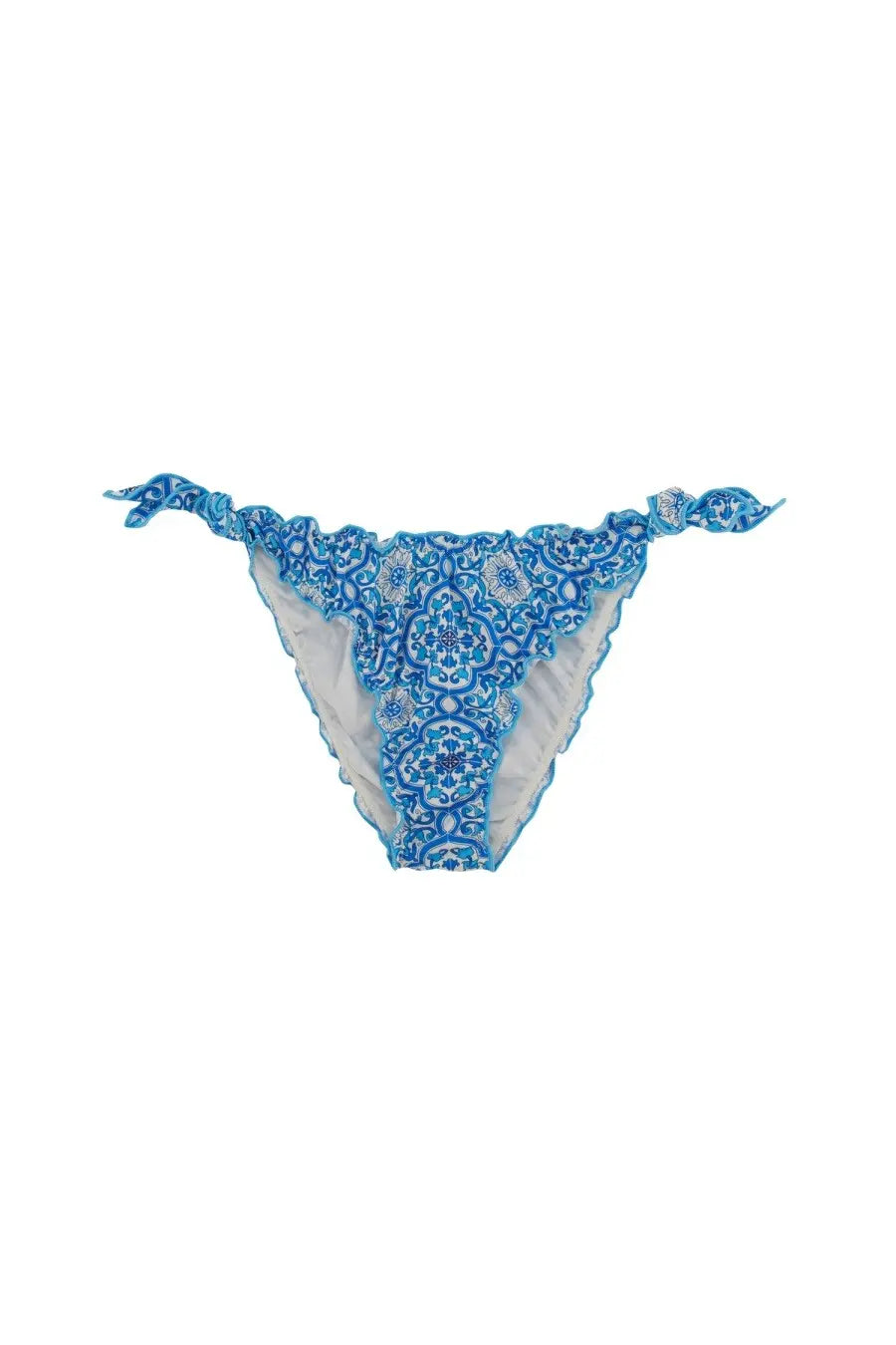 Mc2 Saint Barth women’s blue moon bikini bottom with blue pattern ruffled edges and tied side ties from the back