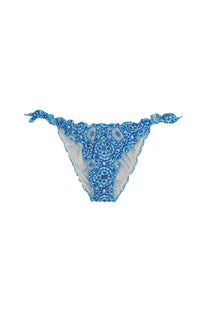 Mc2 Saint Barth women’s blue moon bikini bottom with blue pattern ruffled edges and tied side ties from the back
