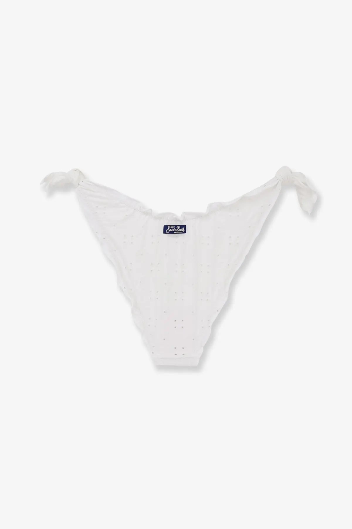 White lace thong with delicate eyelet detailing and tied side ties from Mc2 Saint Barth women’s Moon Embroidered Bikini Slip Sangallo