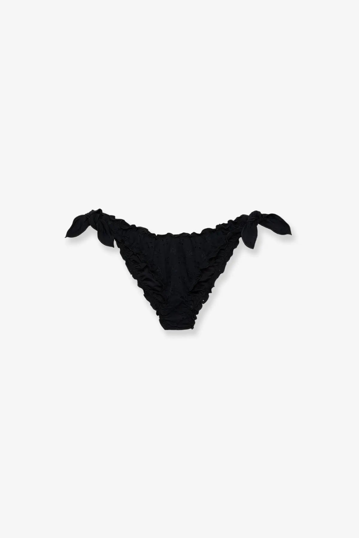 Black ruffled Mc2 Saint Barth women’s Moon Lurex bikini bottoms with tied fabric side ties in lurex material