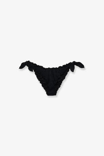 Black ruffled Mc2 Saint Barth women’s Moon Lurex bikini bottoms with tied fabric side ties in lurex material