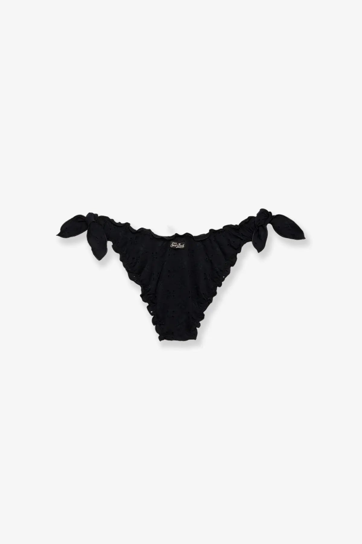 Black ruffled Mc2 Saint Barth women’s Moon Lurex bikini bottoms with tied fabric ties at the sides
