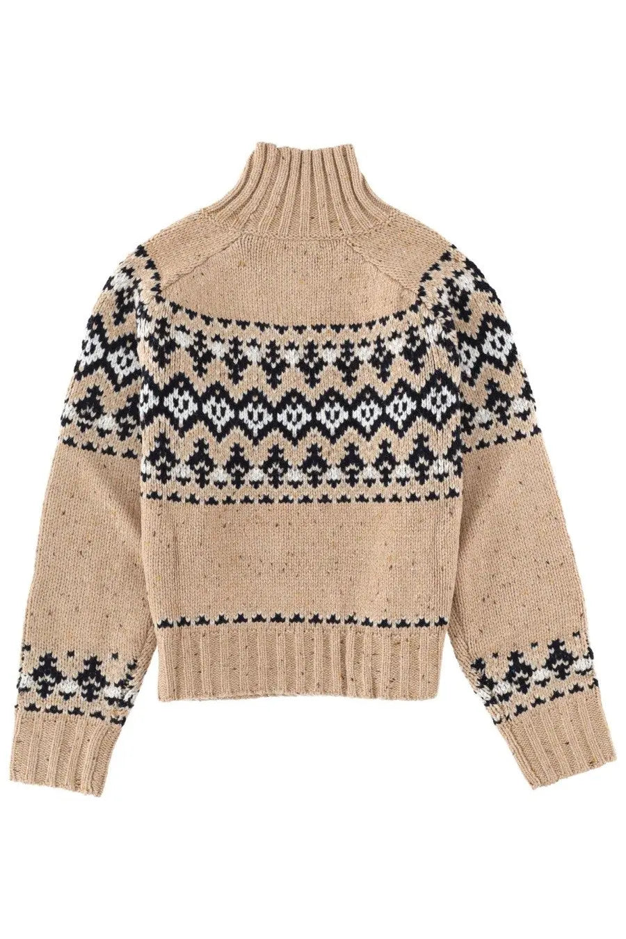 Beige knit sweater by mc2 saint barth with black and white geometric patterns on shoulders sleeves and hem