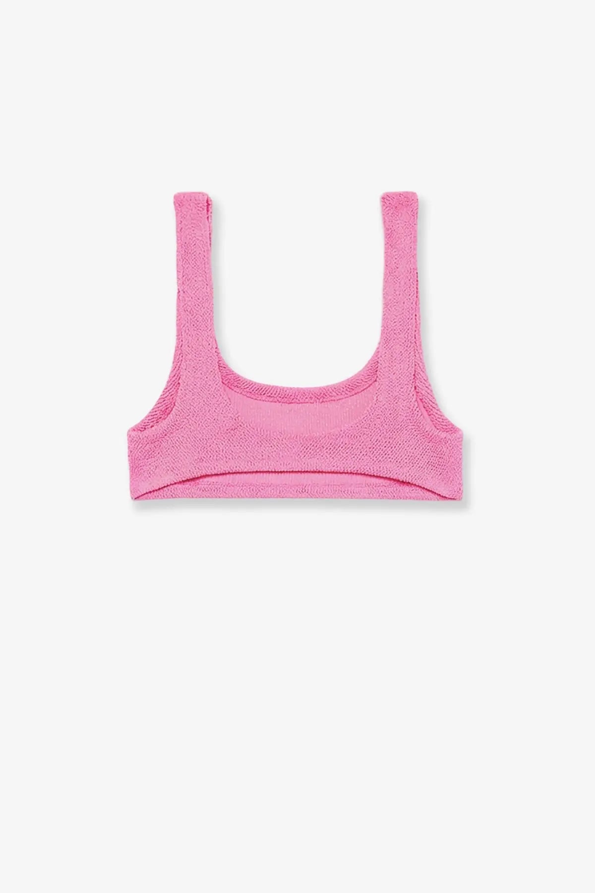 A vibrant pink textured knit crop top with wide shoulder straps and a square neckline for women